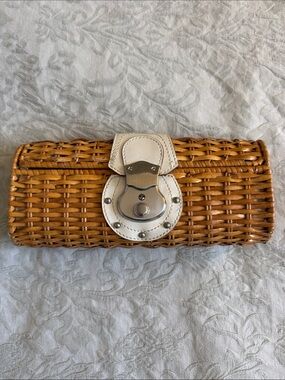 The Limited Woven Tan Rattan Women’s Clutch Bag with White Leather Accent